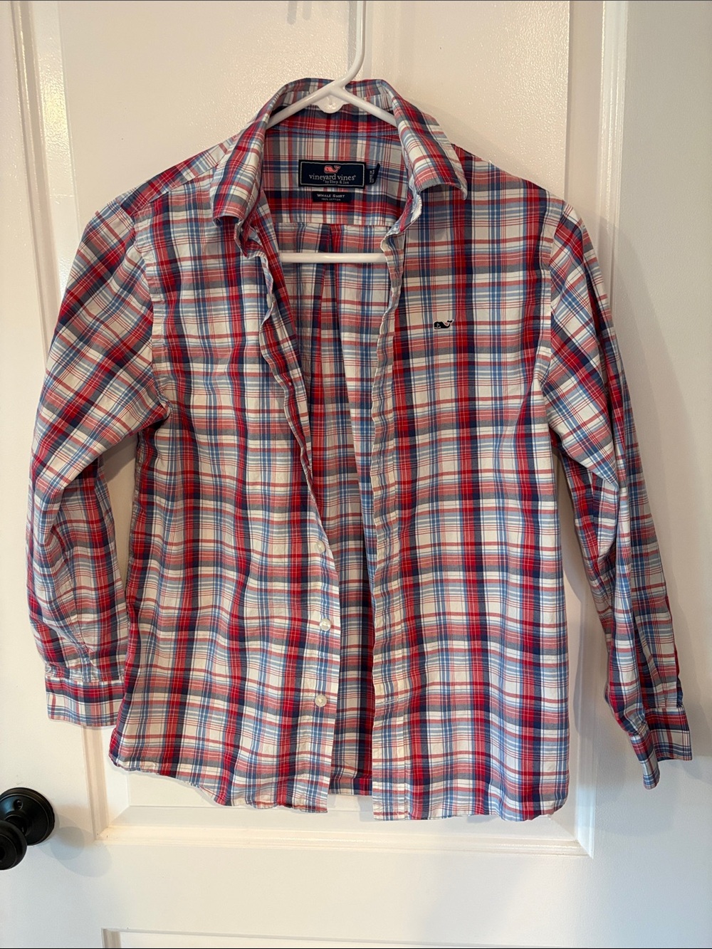 Boys Classic Vineyard Vines Red, Blue & White Whale Shirt - size M (12-14)